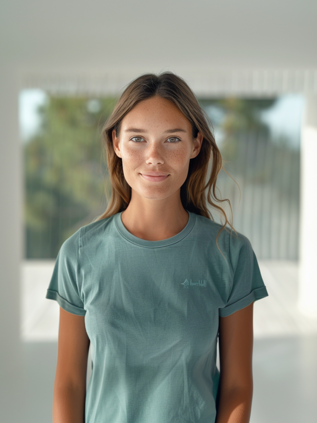 A young woman with long, wavy hair stands indoors, wearing a light green shirt, and gazes directly at the camera with a neutral expression. The background is softly blurred, suggesting a bright and minimalistic space.